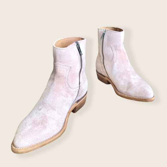 Frye Billy Blush Pink Suede Leather Zip Up Short Cute Festival Cowboy Ankle Boot - Picture 9 of 16